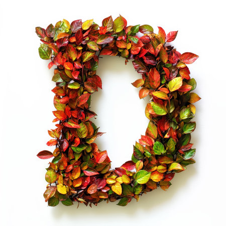 Alphabet letter D made of fall leaves, flowers. berries. Vibrant autumn colours. White clean background. Generative AIの素材