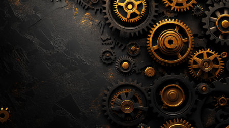 Industrial steampunk template, mechanical gears. black and golden colour, copy space in centre. Generative AI.の素材