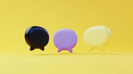 Colorful speech bubbles on yellow background, concept of communication, ideas and teamwork. Generative AI.の素材