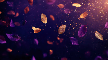 Aesthetic pastel blue, gold, purple glittering autumn leaves floating on dark purple background. Generative AI.の素材