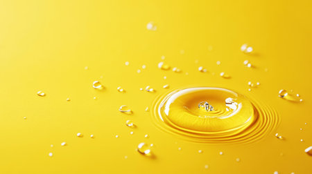Splash of falling drop. Yellow background. Aesthetic template. Generative AI.の素材