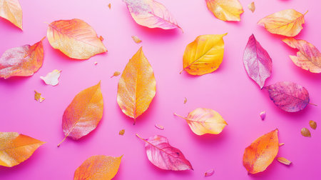 Aesthetic pastel blue, gold, purple glittering autumn leaves floating on pink background. Generative AI.の素材