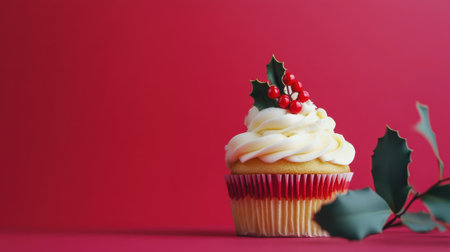 Aesthetically designed Christmas cupcake. Copy space. Light background. Generative AI.の素材