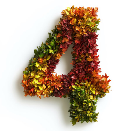 Number 4 made of fall leaves, flowers. berries. Vibrant autumn colours. White clean background. Generative AI.の素材