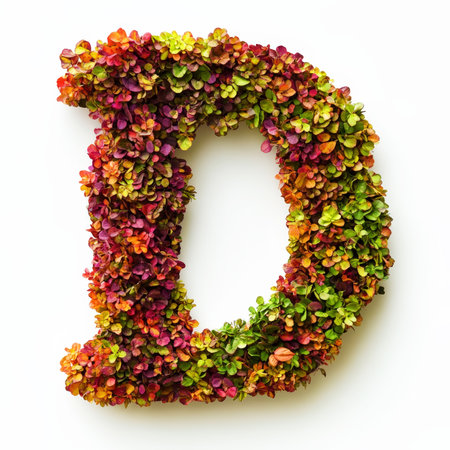 Alphabet letter D made of fall leaves, flowers. berries. Vibrant autumn colours. White clean background. Generative AI.の素材