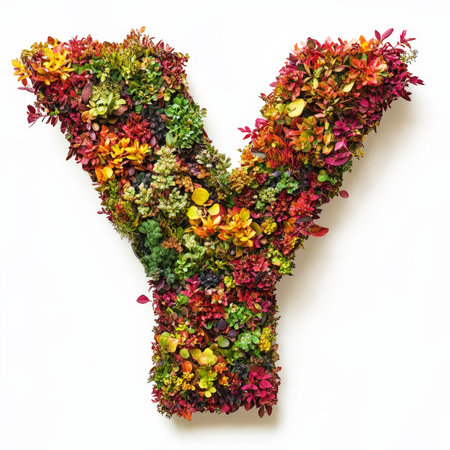 Alphabet letter Y made of fall leaves, flowers. berries. Vibrant autumn colours. White clean background. Generative AI.の素材
