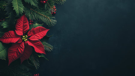 Aesthetic minimalistic Christmas black background with poinsettia flower and fir branch, copy space. Generative AI.の素材