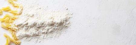 Handmade pasta, top view, light gray background, copy space. Food concept. Banner template. Generative AI.の素材