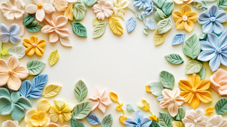 Floral pattern featuring delicate flowers made of polymer clay in pastel colors. Light background. Generative AI.の素材