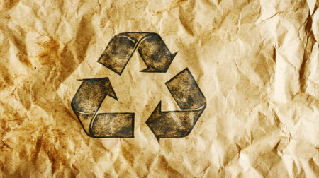 Recycling symbol on recycled crumpled paper background. Ecology concept. Generative AI.の素材