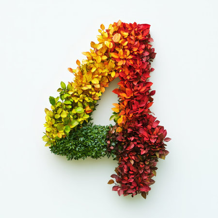 Number 4 made of fall leaves, flowers. berries. Vibrant autumn colors. White clean background. Generative AI.の素材