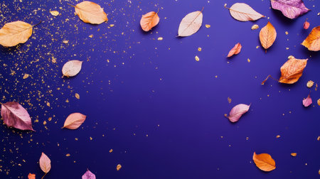 Aesthetic pastel blue, gold, purple glittering autumn leaves floating on dark purple background. Generative AI.の素材