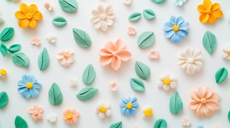 Floral pattern featuring delicate flowers made of polymer clay in pastel colors. Light background. Generative AI.の素材