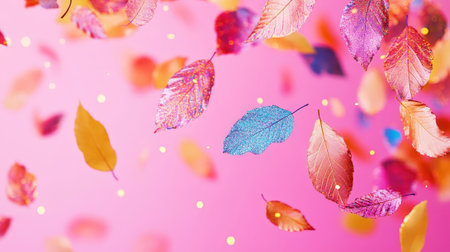 Aesthetic pastel blue, gold, purple glittering autumn leaves floating on pink background. Generative AI.の素材