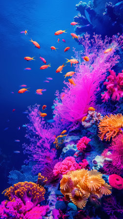 Exotic oceanic colorful fluorescent coral reef with fishes on blue background. Aquarium hobby. Generative AI.の素材