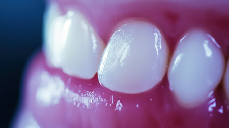 Close-up of healthy white teeth without plaque, advertisement for teeth whitening or veneers. Dental care. Generative AI.の素材