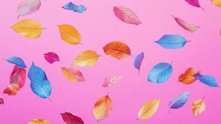 Aesthetic pastel blue, gold, purple glittering autumn leaves floating on pink background. Generative AI.の素材
