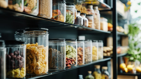 Aesthetic kitchen pantry with transparent jars for storing food. The organization and storage concept. Generative AI.の素材