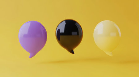 Colorful speech bubbles on yellow background, concept of communication, ideas and teamwork. Generative AI.の素材