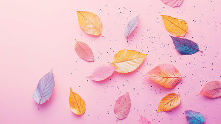Aesthetic pastel blue, gold, purple glittering autumn leaves floating on pink background. Generative AI.の素材