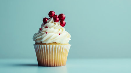 Aesthetically designed Christmas cupcake. Copy space. Light background. Generative AI.の素材