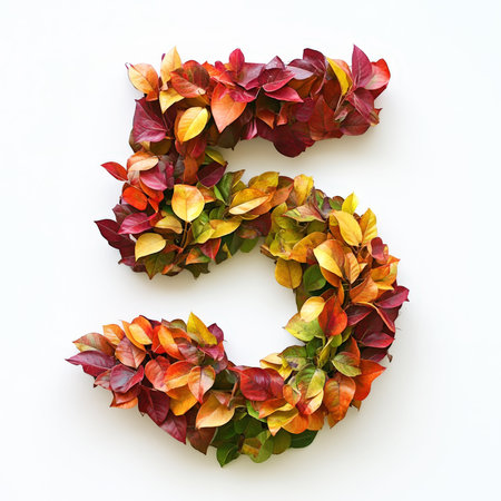 Number 5 made of fall leaves, flowers. berries. Vibrant autumn colors. White clean background. Generative AI.の素材