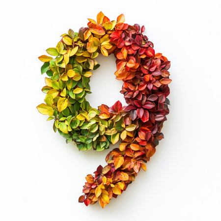 Number 9 made of fall leaves, flowers. berries. Vibrant autumn colors. White clean background. Generative AI.の素材