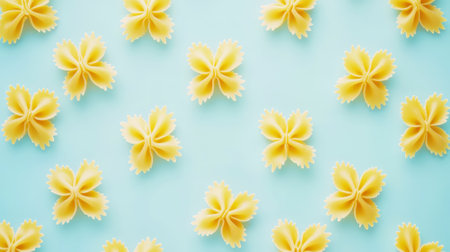 Farfalle pasta, top view, light blue pastel background, copy space. Food concept. Generative AI.の素材