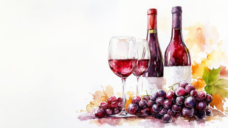 Watercolor image of wine bottle and 2 glasses with grapes, light background. Copy space. Winery invitation. Generative AI.の素材