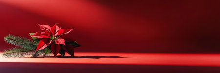 Aesthetic minimalistic Christmas red background with poinsettia flower and fir branch, copy space. Generative AI.の素材