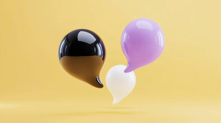 Colorful speech bubbles on yellow background, concept of communication, ideas and teamwork. Generative AI.の素材