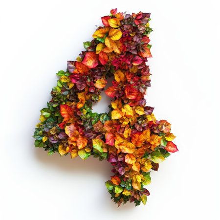 Number 4 made of fall leaves, flowers. berries. Vibrant autumn colors. White clean background. Generative AI.の素材