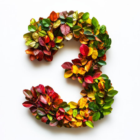 Number 3 made of fall leaves, flowers. berries. Vibrant autumn colors. White clean background. Generative AI.の素材