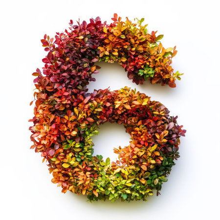 Number 6 made of fall leaves, flowers. berries. Vibrant autumn colors. White clean background. Generative AI.の素材