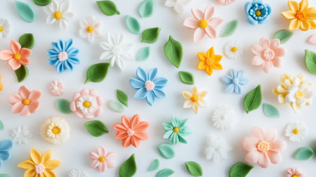 Floral pattern featuring delicate flowers made of polymer clay in pastel colors. Light background. Generative AI.の素材