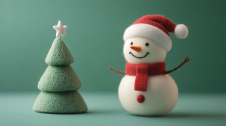 Aesthetic cute snowman and Christmas tree made of felted wool, greeting card, copy space. Generative AI.の素材