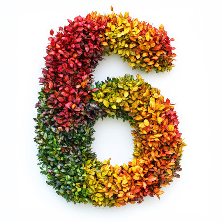 Number 6 made of fall leaves, flowers. berries. Vibrant autumn colors. White clean background. Generative AI.の素材