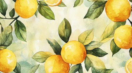 Hand drawn watercolor painting of lemons with green leaves. Aesthetic watercolor wallpaper print. Generative AI.の素材