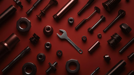 Industrial template, mix of cylinders, bolts and nuts, wrench. Copy space. Generative AI.の素材