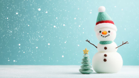 Aesthetic cute snowman and christmas tree made of felted wool, greeting card, copy space. Generative AIの素材