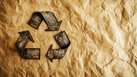 Recycling symbol on recycled crumpled paper background. Ecology concept. Generative AIの素材