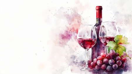 Watercolor image of wine bottle and 2 glasses with grapes, light background. Copy space. Winery invitation. Generative AI.の素材