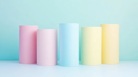 Cylinders podiums of pastel colours, clean blue background. Aesthetic product template. Generative AI.の素材
