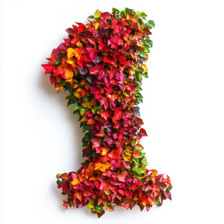 Number 1 made of fall leaves, flowers. berries. Vibrant autumn colours. White clean background. Generative AI.の素材
