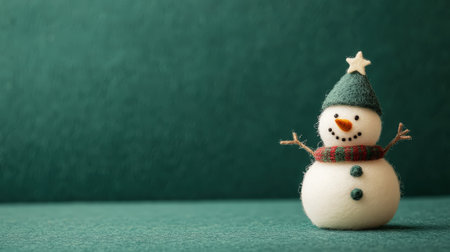 Aesthetic cute snowman and christmas tree made of felted wool, greeting card, copy space. Generative AI.の素材