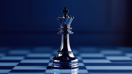 Chess pieces, king and queen. Minimalist blue background. Business strategy. Copy space. Generative AI.の素材
