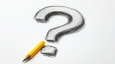 Sketch of question mark drawn with yellow pencil on white background, copy space, presentation mockup. Generative AI.の素材