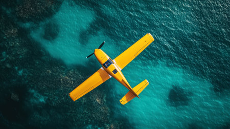 Small yellow private jet over the ocean turquoise blue water. Commercial flight, holiday tropical concept. Generative AI.の素材