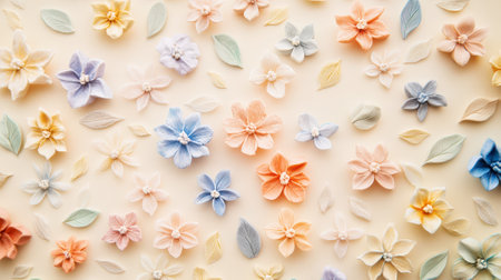 Floral pattern featuring delicate flowers made of polymer clay in pastel colors. Light background. Generative AI.の素材