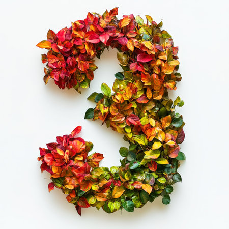 Number 3 made of fall leaves, flowers. berries. Vibrant autumn colors. White clean background. Generative AI.の素材